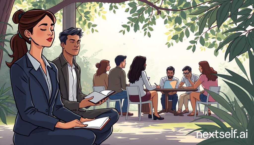 A serene and contemplative scene illustrating self-awareness practices, featuring a diverse group of individuals engaged in mindfulness and reflection. In the foreground, a woman in business attire is seated in a meditative pose, eyes gently closed, reflecting serenity. Beside her, a man in modest casual clothing is journaling with focus. In the middle ground, several people are gathered around a table, deep in discussion, with soft, natural lighting casting gentle shadows. The background reveals a peaceful nature setting with lush greenery and soft, dappled sunlight filtering through leaves, creating a tranquil atmosphere. The overall mood is one of calm introspection, promoting understanding and the importance of self-awareness. The branding element "nextself.ai" is subtly integrated into a nearby nature detail.