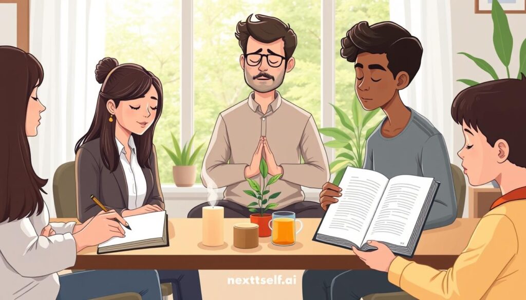 A serene workspace with people journaling, meditating, and discussing self-awareness activities